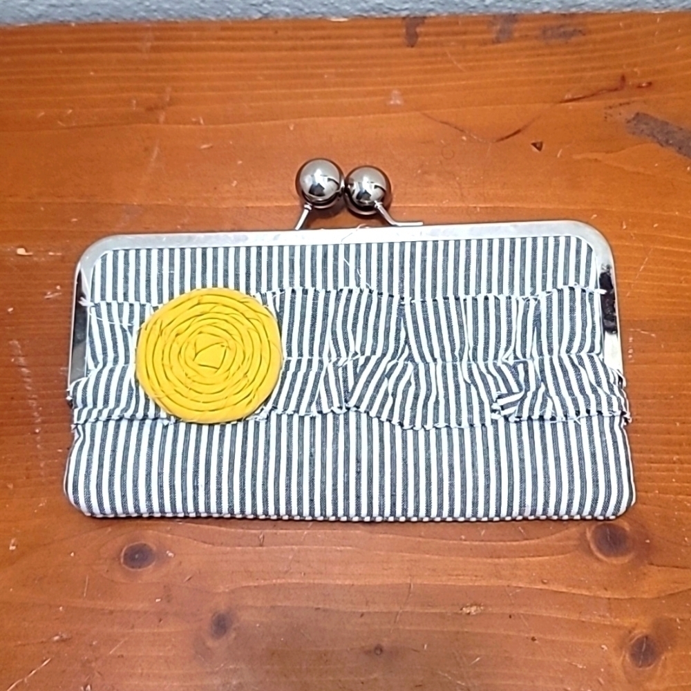 Angela Kay‎ Designs Clutch Womens Small Navy White Striped Yellow Rosette Bag